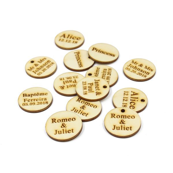 50 * Personalizzato Personal Country Wedding Vintage Legno Vintage Round Etichetta Battismo Battismo festa di compleanno Regalo Vino Decorazione del matrimonio