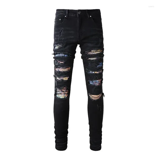 Jeans de jeans punk punk lave de barba manchada rasgada de calça de hip hop skinny de quadril preto