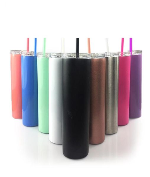 Em 20 onças de aço inoxidável copo magro com copos de palha coloridos com caneca multicolor de parede dupla de tampa para coffe de chá A074618999