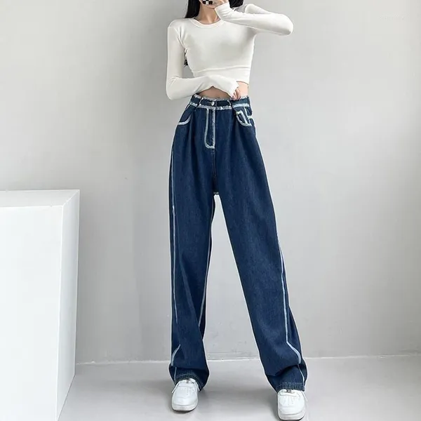 Frauen Jeans dunkelblau Baggy für Frauen Herbst Winter gerade weit Bein Frachthose Frau Patchwork Lose hohe Taillenhosen weiblich