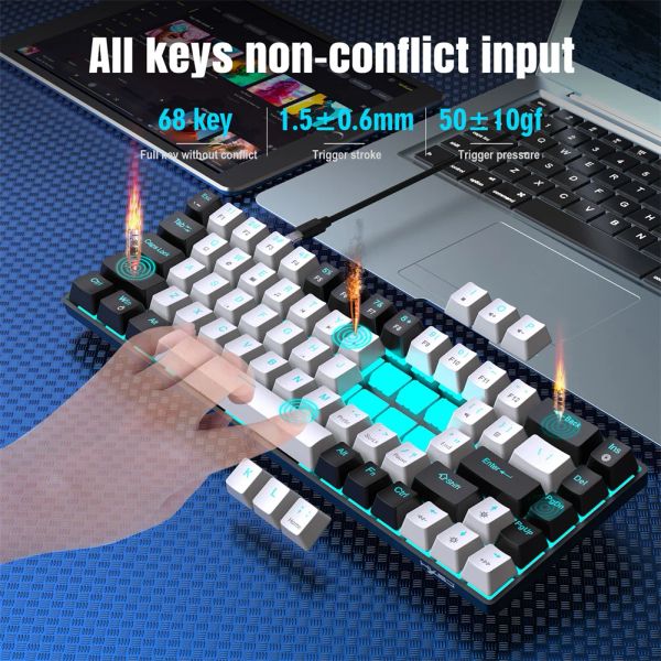 Klavyeler V800 Mekanik Oyun Oyun Klavyesi 68 Anahtarlar Dizüstü bilgisayar için LED mavi arkadan aydınlatmalı klavyeli kompakt kablolu bilgisayar klavyesi