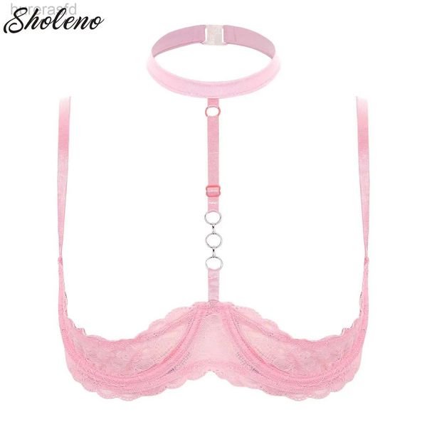 Bras Womens 1/4 стакана Openwire Bra Halter Neck O Ring Sheer кружевное толкатель Brassiere Sexy Sheer Bralette Lingerie нижнее белье S-5XL 240410