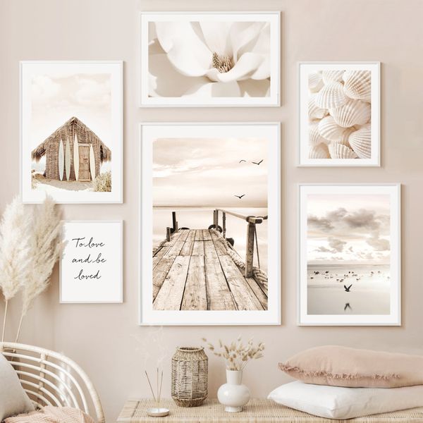 Shell Bird Dead Foglie Flower Cottage Wall Art Tela dipingendo poster nordici e stampe immagini murali per decorazioni per soggiorno