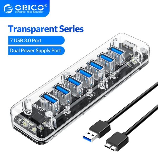 Hubs Orico Transparent Series USB Hub Multi 4 7 High Speed Splitter USB3.0 с портом Micro USB для ноутбука OTG Adapter