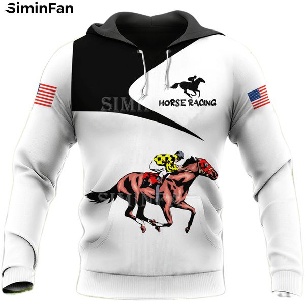 Horse Racing USA Flag 3D Papuz de capuz masculino imprimido com zíper capuz de capuz