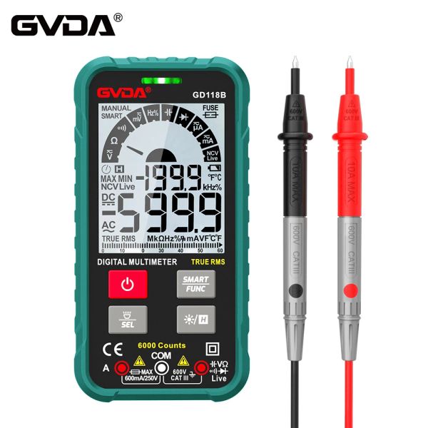 GVDA TURE RMS Multímetro digital 6000 Range Auto Range NCV Intelligent Multimetro Tester AC DC Capacitância de tensão OHM HZ METER