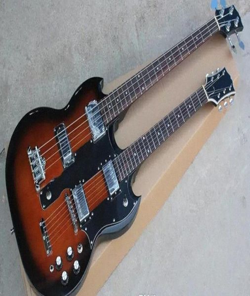 Özel Kahverengi Sunburst 1275 Çift Boyun Elektrikli Gitar Elektrik Bass 6 Strings Gitar 4 Dizeler Bas Siyah Pickguard Chrome 3202757