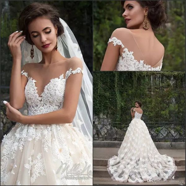 2024 heißeste Spitze 3D applizierte Brautkleider Ballkleid von Schulterbrautkleidern Sweer Sheer Juwel Hals Rückenless Hochzeitskleid