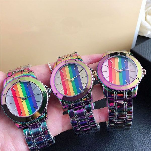 Brand Quartz Wrist Watches for Men Women Girl Rainbow Style Colorful Matel Steel Band Watch M93294B