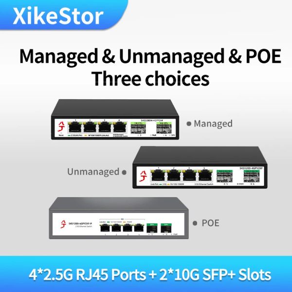 Switches xikestor 6port l2 gerenciado não gerenciado poe ethernet switch 2.5g rj45 portas 10g sfp+ slots slots switch sem ventilador plug and play