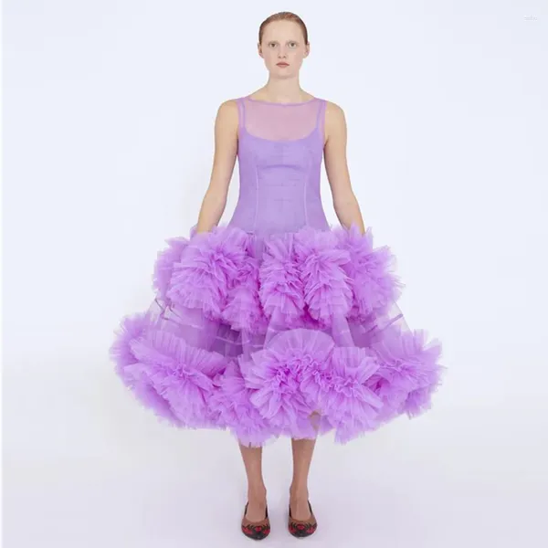 Lässige Kleider Trendy Lavendel mittlerer Kalb Tüll Maxi Kleider Puff Rüschen abgestuftet Tutu Bottom A-Line Brautkleid
