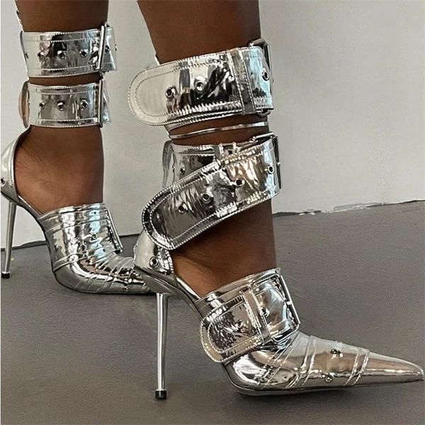 Denim Metal Nietschnalle Schnalle Silber Sandalen Damen Sex sexy Punkstil Spitze Metall Hollow 12 cm High Heels Größe 34-43 Damenschuhe 240328