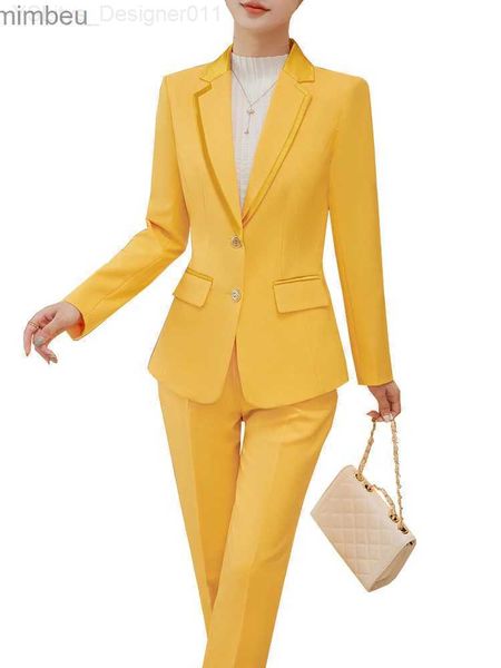 Ternos femininos Blazers Moda Ladies Pant Suit Women Amarelo preto azul caqui feminino Trabalho feminino Vestir jaqueta e calça formal de 2 peças Blazer C240410