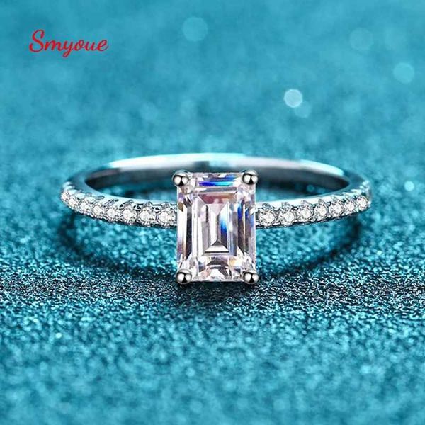 Anéis de banda Smyoung Emerald/Radiant Cut 2/1Ct Moissanite Diamond Ring adequado para mulheres Sparkling Halo Wedding Promise Band Platinum Silver 925 J240410