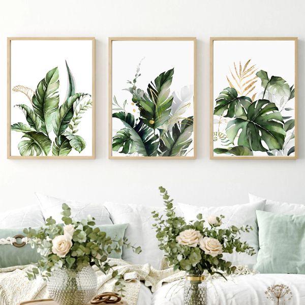 Foglie verdi botaniche tropicali foglie d'oro d'arte floreale dipinti di dipinti di stampa per impronta poster per la casa per la casa