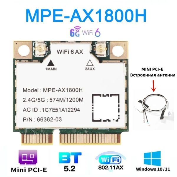 Cartões wifi 6 adaptador de 1800mbps mpeax1800h mini pcie 2.4ghz / 5ghz bluetooth 5.2 com antena construída rápida para laptops e desktops