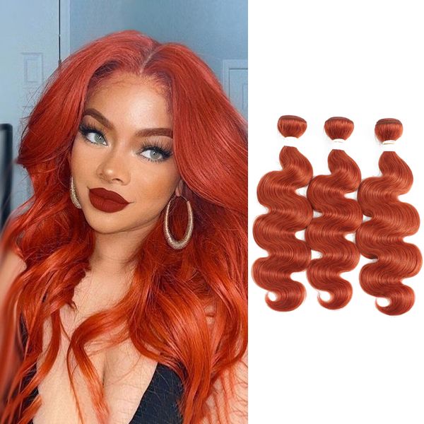 #350 Onda de corpo laranja onda brasileira Remy Human Hump Wetles Pacacas de cabelo pré-colorido Pacotes de 3/4pcs Extensões de cabelo Soku