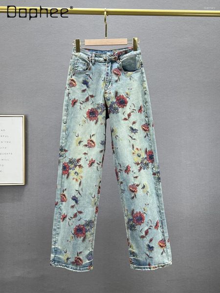 Jeans femininos de estilo nacional mulher jeans de perna reta Primavera 2024 Flores de cintura retro de cintura estampada Jean Mop Troushers