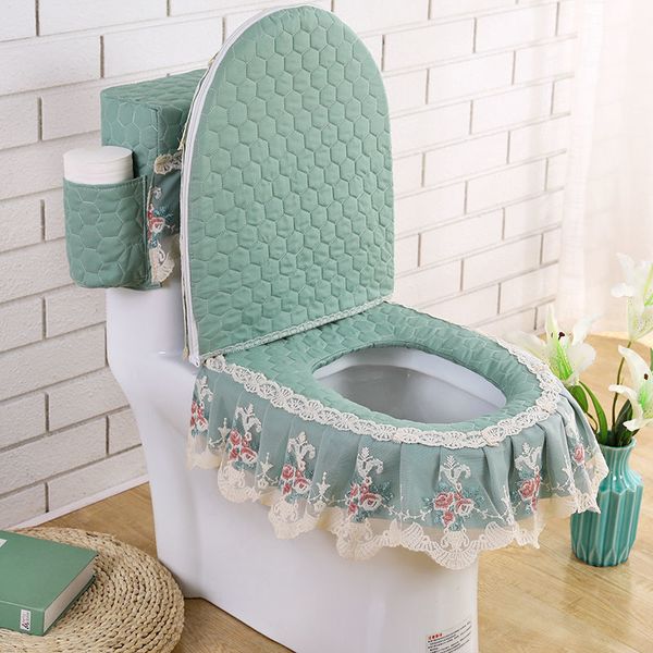 4 colori Coperchio di sedile del water in pizzo europeo con borsa per la toilette domestica 3 pezzi/set tappetini per il bagno a forma di uote a U inverno