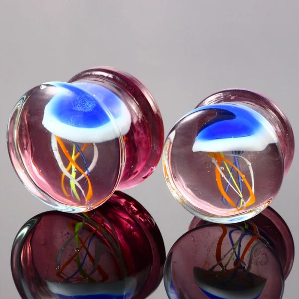 2 pezzi Colore Ocean Jellyfish Glass Ear Pash e tunnel Aurbù a doppio corno Tunnel Extender Extent Expander Oreging Piercing Oreja Oreja