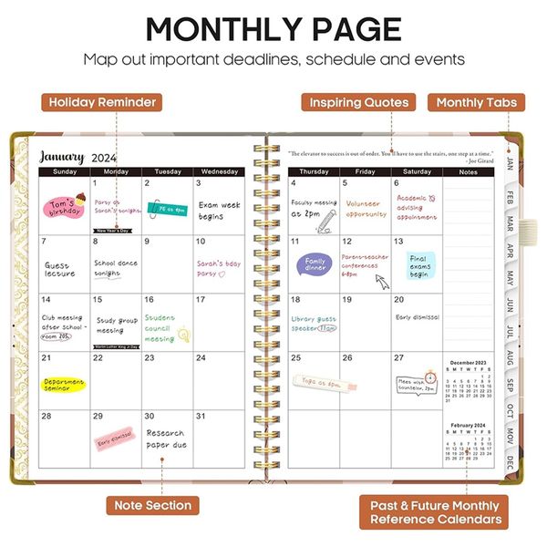 2024 Calendar Weekly e Monthly Planner Spiral Bound, de janeiro de 2024 a dezembro de 2024, 6,7x 8,6 polegadas com guias fáceis de usar