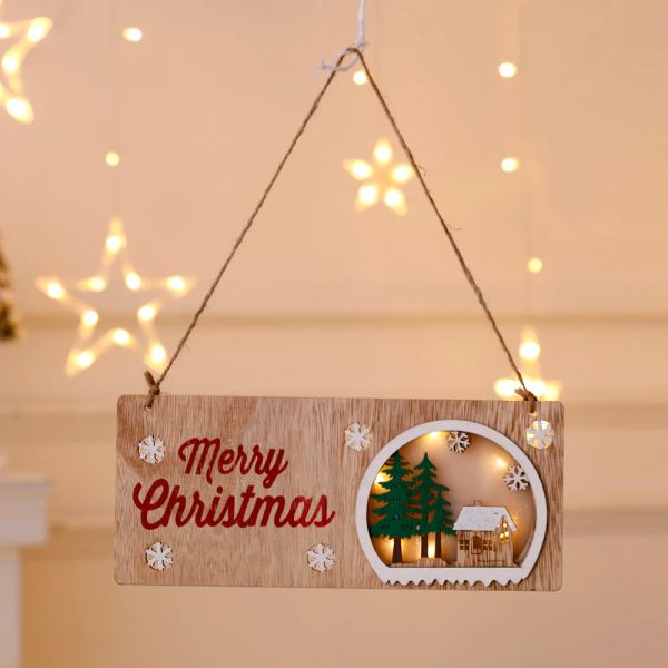 Diy natürliche hölzerne hängende Blockhütte mit warmen LED -Leuchten Weihnachtsschmuck Holz leuchtende Schlosslampe Neujahr Geschenke Kinder Spielzeug Spielzeug