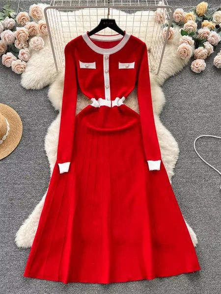 Lässige Kleider rot lang gestrickt Fress 2024 Spring Herbst Frauen Design Farbe Blockierung Temperament Schlanker Fit Full Sleved Pullover Kleid Z4867