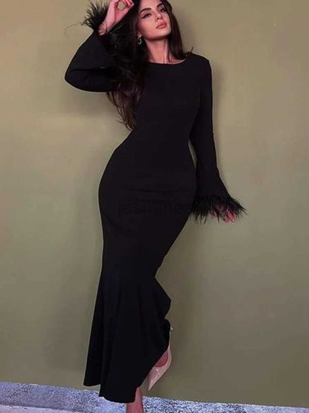 Abiti sexy urbani maniche di piuma abiti lunghi donne donne eleganti abiti da corpo nera di moda elegante abito avvolgente sexy abito da sera sottile abito da sera 24410