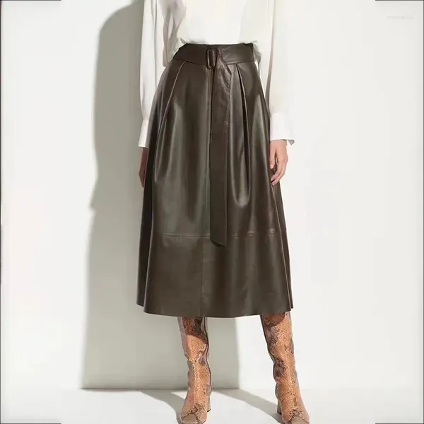 Saias de saia de couro genuíno minimalista e elegante cinto de estilo de deslocamento puxado ovelhas de ovelha metade para mulheres