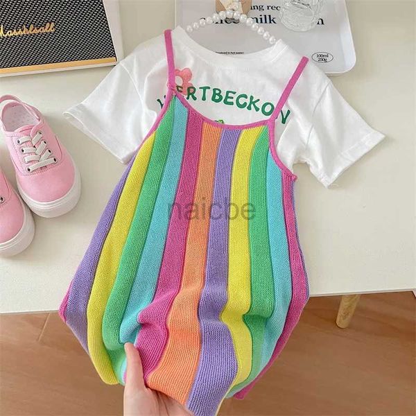 T-Shirts 2024 Mädchen Sommerkleidung Set süßes Kaninchen-Print T-Shirt + süßer Regenbogen Camisole Kleid 2pcs Kinder Strickkleider koreanische Kleidung Set 240410