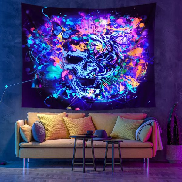 Parede de cogumelos fluorescentes pendurada tapeçaria brilha sob luz UV Psicodélica Tarô Decoração Casa Night Night Luminous Mandala tapeçaria