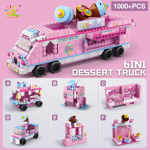 Huiqibao 1000+PCS Girls 6in1 dessert carrello build building City Friends Ice Cream Truck Figures Bricks Toys Children Birthday