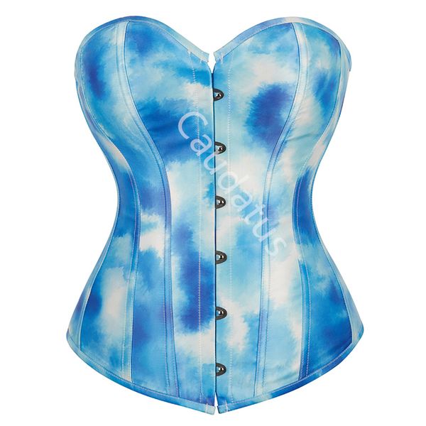 Corsetti Top Sexy Women Sexy Bustier Overbust Floral Print Graffiti Color Matching Lingerie Vintage Plus size Halloween Burlesque Blue
