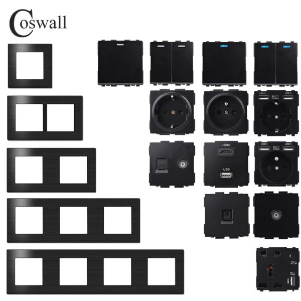 Coswall L1 Serisi Siyah Fırçalı Alüminyum Panel Duvar Anahtarı AB Fransızca Soketi HDMI Uyumlu USB Şarj Cihazı TV RJ45 Modüller DIY