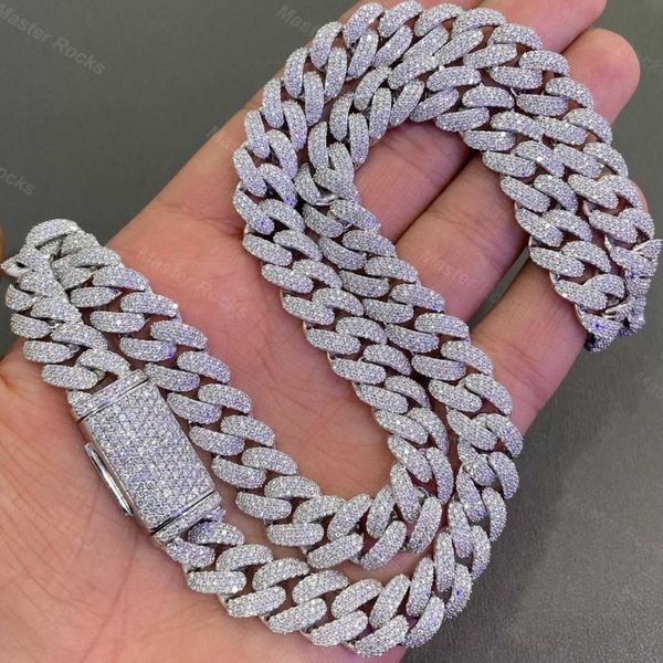 12mm 3rows VVs Moissanite cravejada Miami Chain Link Chain 925 Sterling Silver Moissanite Iced Out Cingan Chain277a