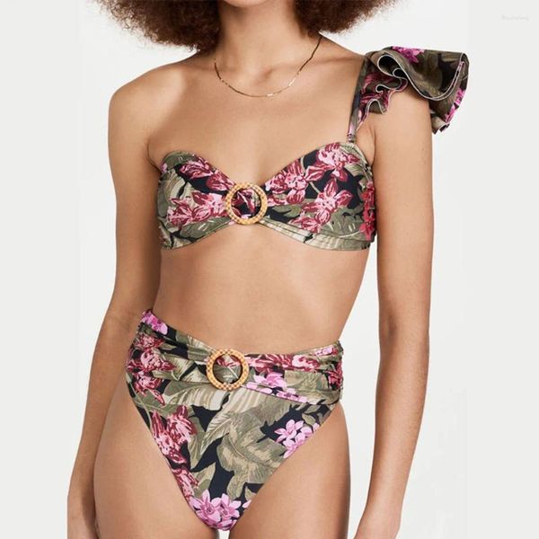 Frauen Badebekleidung Mode gedruckt eine schulter gekräuselte Bikini -Set sexy versammelte Rückenless Beachriemen Deckel elegant