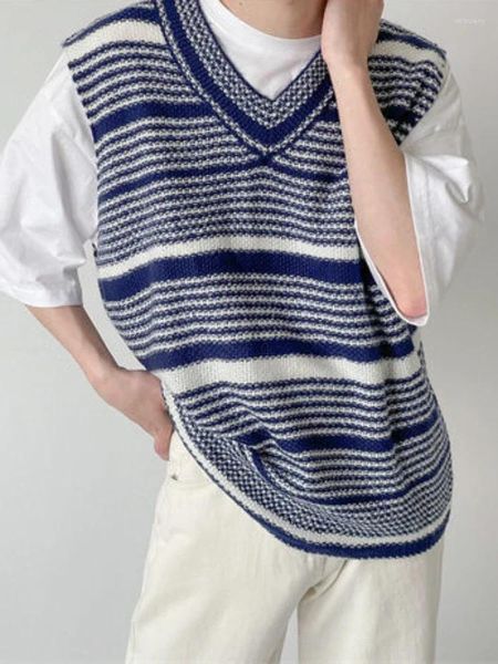 Coletes masculinos suéter de malha listrada vestir colete de coletes roupas azuis sem mangas v pesco