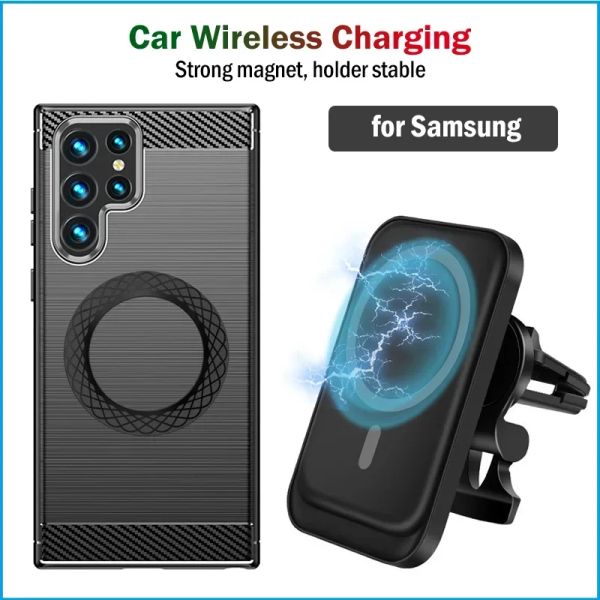 Chargers 15W Carregador sem fio de carros magnéticos Stand para Samsung Galaxy S23 S22 S21 Ultra Plus Charger de carro Fast With Magnet Sticker Gift Case