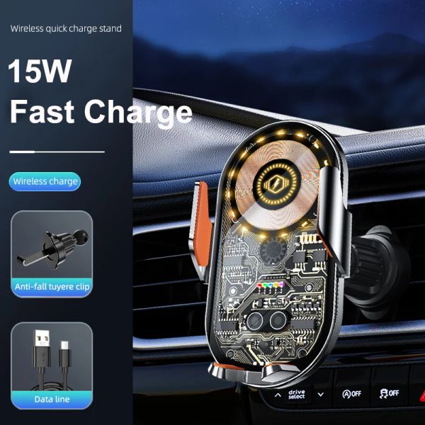 Chargers Automático Cramp Wireless Charge Titular de carro 15W Carregador de luz LED rápido Qi Charger Moble Mount para iPhone14Pro 14 13 12