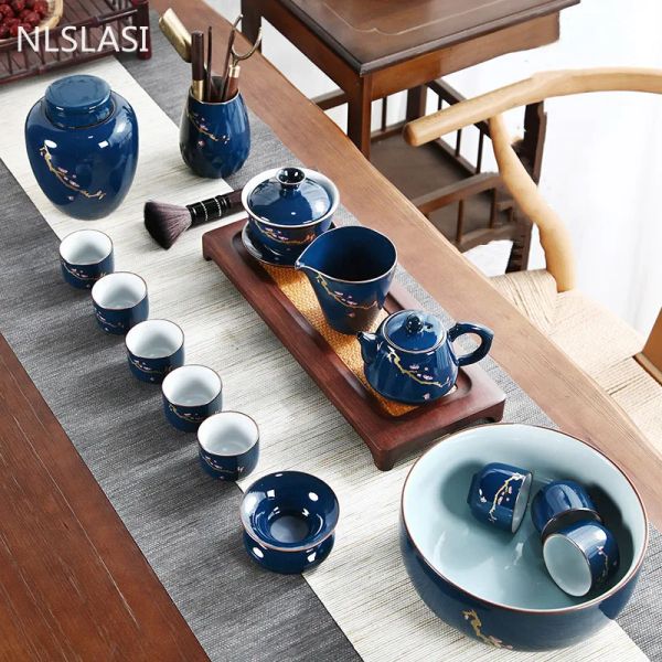 Conjunto de chá de cerâmica azul chinês Teapot Plum Bossom Gaiwan Kettle Teacups Cerimônia de chá de chá de chá de chá doméstica