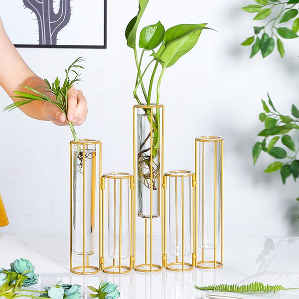 Glastrobe Vasen Hydroponische Pflanzenhalterhalter Terrarium Pflanzer mit Gold Metall Rack Stand für Couchtisch -Top -Ladendekoration