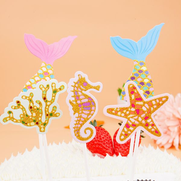 1set Mermaid Party Cake Toppers Cupcake Topper Cupper Cupcake Topper Casamento Kids Kids Baby Shower Bolo Decorações de bandeira superior