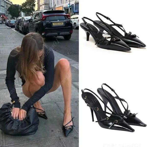 Designers de luxo Sapatos Borgonha bombas de salto de patente Slingback de couro com fivelas Torno