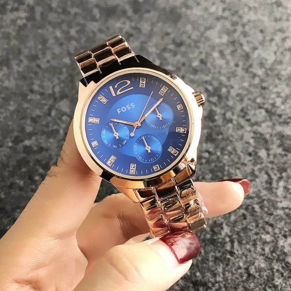 Foss Brand Quartz Wrist Watch for Women Girl With Crystal 3 Dials Style Dial Metal Steel Band Watches FO 03239G