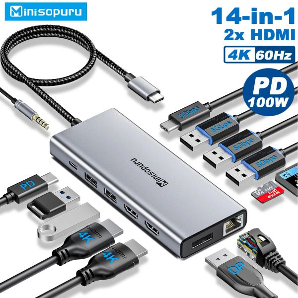 Hubs Minisopuru USB C HUB 4K HDMI USB Tip C ila DP RJ45 Multi USB A bağlantı noktaları PD 100W SD/TF MIC/Ses Adaptörü Windows Dizüstü bilgisayar merkezi için