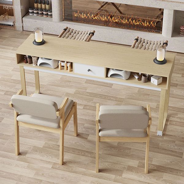 Mesas de unhas únicas de madeira sólida americana Conjunto de mesas de manicure de unhas duplas nórdicas mesas de manicure profissional manicure