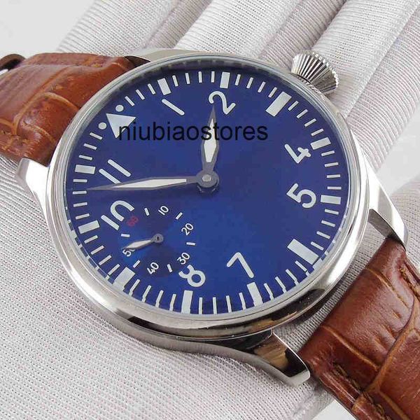 44mm de luxo de luxo Mãos luminosas 17 jóias Dial estéril azul 6497 Manual de movimento Mecânica Mecânica Relógio Designer de cinta de couro Imper impermeável