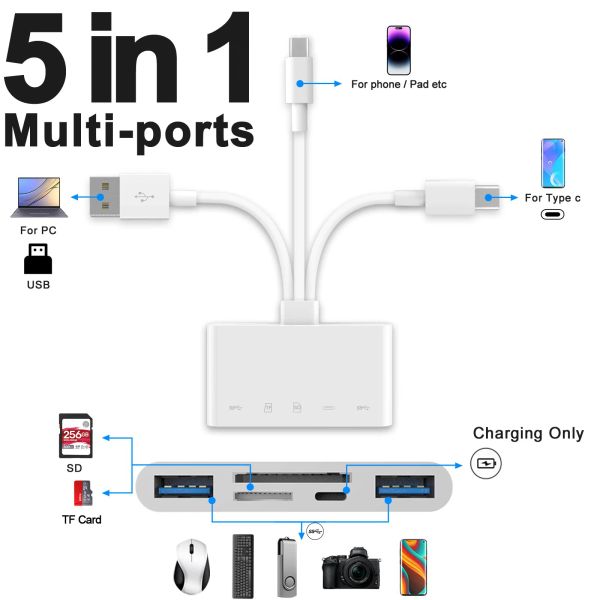 Hubs 3 cabeças USB Hub 5 em 1 Estação de docking Type C OTG Flash Drive SD TF Card Reader para iPhone iPad MacBook Laptop Xiaomi Samsung
