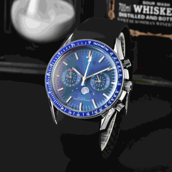 Relógio de moda masculina de luxo, top Brands Luxury Watch Round Frame Round Three Pin Silicone Strap Metal Painel OMG mostrando fases da lua