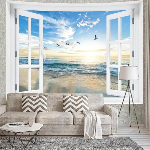 Taquestres imitação 3d janela paisagem tapeçaria parede pendurada sol praia praia luar noturno art dome decor cutining cortina cobertor
